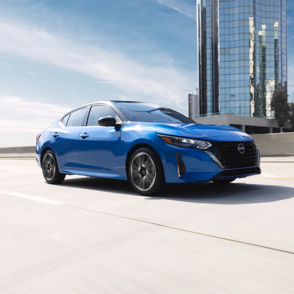 2025 Nissan Sentra compact sedan with bold front grille and sporty aesthetic.