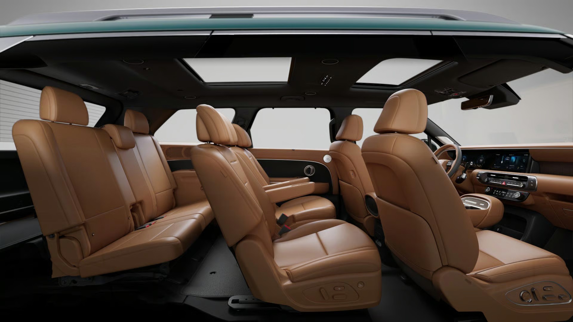 Second-row captain’s chairs and third row in premium leather inside a Palisade at AutoFair Hyundai of Manchester
