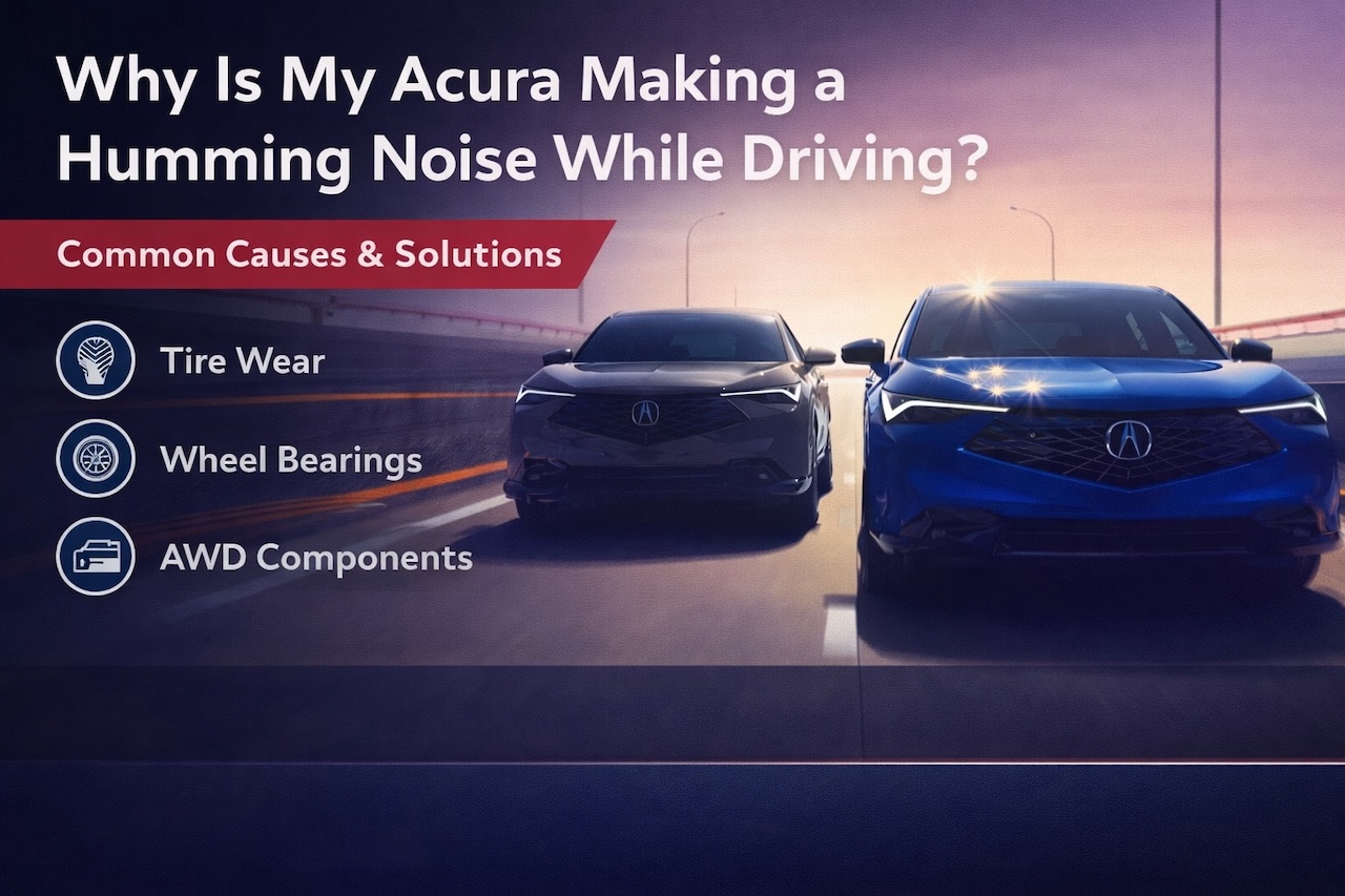 Common causes of humming noise while driving an Acura, including tires, wheel bearings, differentials, and drivetrain components, illustrated for Acura owners in Melbourne, FL