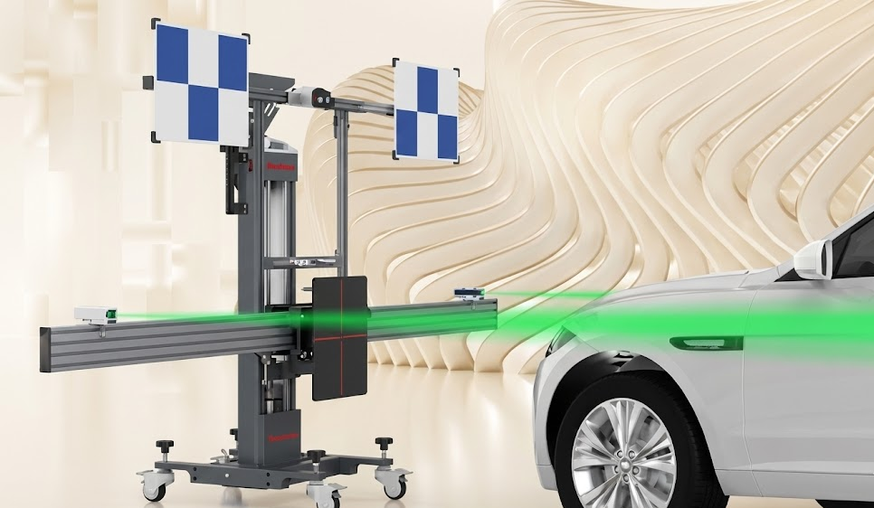 Advanced driver assistance system calibration equipment in front of modern SUV, ADAS radar and camera alignment after deer collision, front bumper sensor recalibration with target boards and laser, Cool Springs Collision Center Franklin TN using factory-spec calibration tools, automatic emergency braking and lane-keeping sensor service, OEM front-end repair and safety system restoration for Middle Tennessee drivers