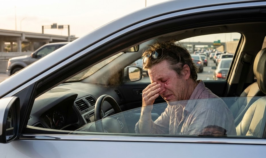 Driver with red, watery eyes rubbing face in heavy Fort Worth traffic, North Texas ragweed allergy symptoms in car, pollen season on I-35W, poor cabin air quality, need Hyundai cabin air filter replacement, Alliance Hyundai Service Fort Worth TX, relief for sneezing and itchy eyes while driving, allergy-friendly Hyundai service near Dallas Fort Worth, fix musty odors and pollen in vehicle interior