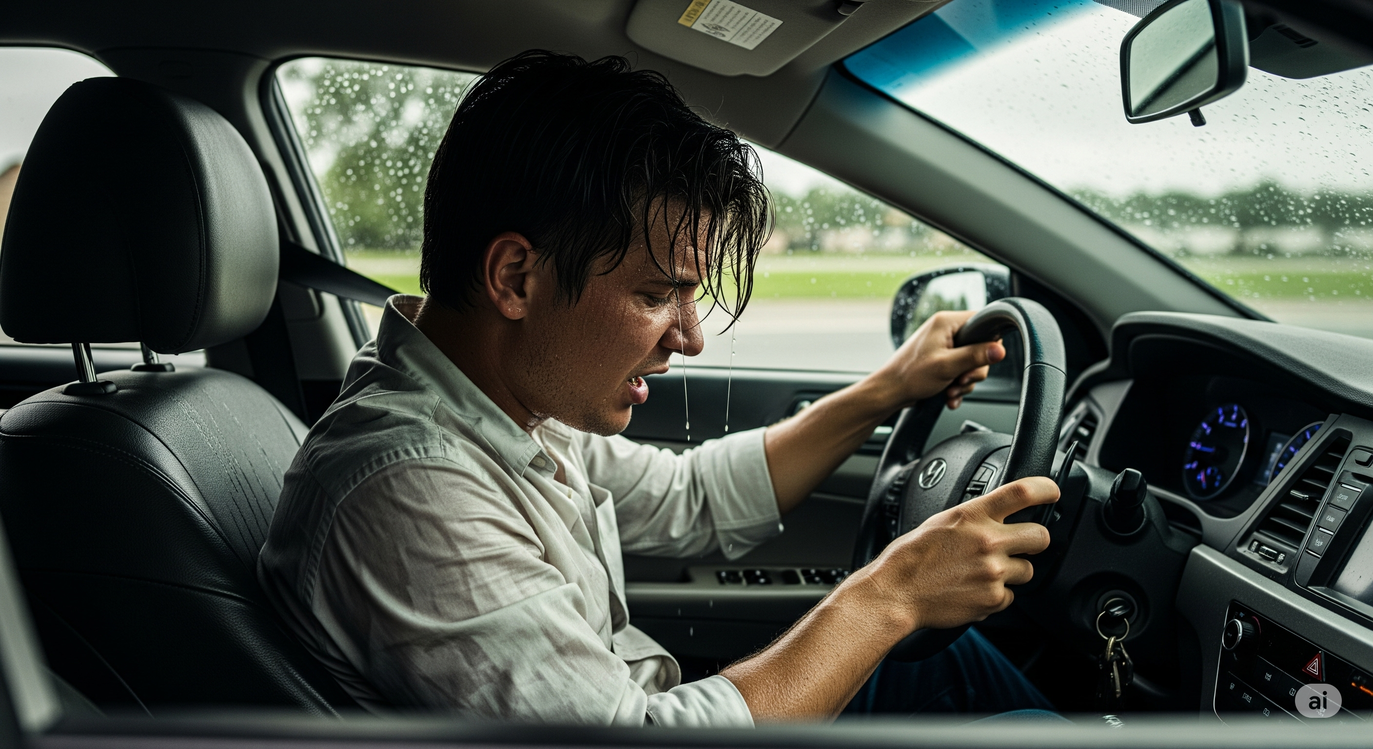 Hyundai driver sweating in Texas heat, Hyundai AC not working Fort Worth, I-35 Hyundai AC breakdown, summer traffic overheating Hyundai, AC repair needed Hyundai sedan, Hyundai AC failure DFW metroplex, driver discomfort Hyundai air conditioning issue