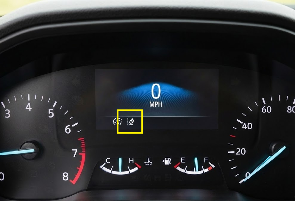 Close-up of modern vehicle instrument cluster with driver assist icons illuminated, traction control and lane-keeping alerts on digital dashboard, Ford Co-Pilot360 style safety technology, 0 mph speedometer reading, Athens GA driver relying on advanced safety features, reminder that worn tires reduce grip, Athens Ford Service Center advising tire inspection and brake check, high-tech SUV interior safety display, fall and winter driving preparedness in Northeast Georgia