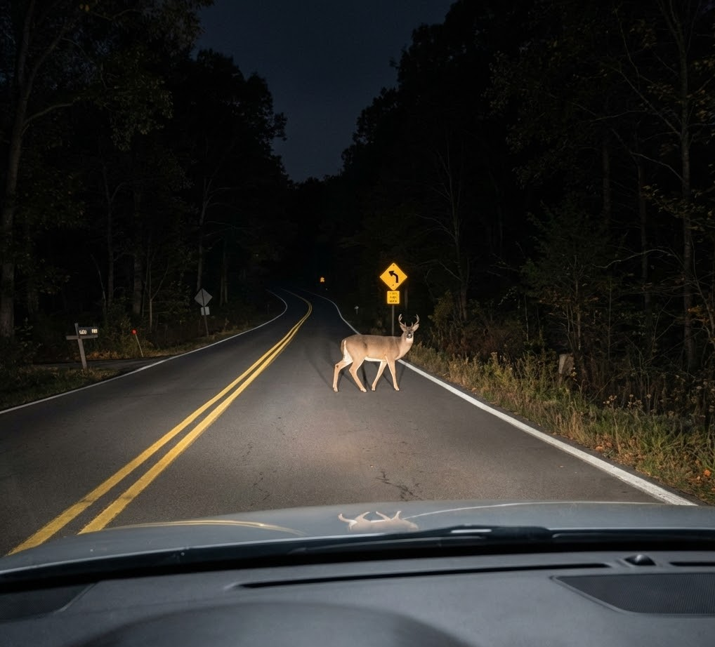 white tailed deer crossing dark two lane road at night in Georgia, headlights illuminating deer in the middle of the lane, peak rut season near Athens GA, Clarke County deer collision risk, dangerous nighttime driving conditions, Georgia back road surrounded by trees, reminder to schedule Athens Ford visibility inspection, headlight restoration and wiper replacement to avoid deer accidents, fall and winter road safety for Ford drivers, wildlife vehicle collision prevention tips