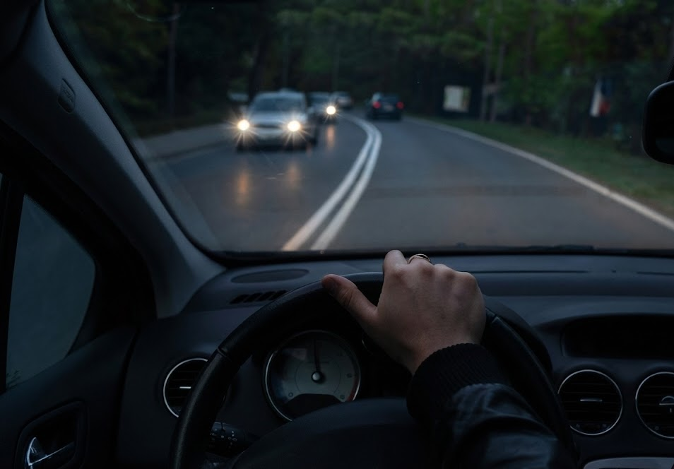 driver view of dark fall evening commute near Athens GA, oncoming car headlights glare, reduced visibility after end of Daylight Saving Time, Athens Ford Service Center visibility inspection, Ford commuter driving home on Atlanta Highway style road, nighttime driving safety in Clarke County Georgia, cloudy windshield and dim roadside details, fall season traffic conditions in North Georgia, Athens Ford headlight and wiper safety check, local Ford dealer promoting safe evening commutes
