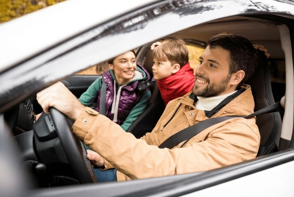 Smiling family riding together in car, father confidently driving with seat belt fastened, mother and child happy in back seat, safe fall road trip near Athens GA after tire service, Athens Ford Service Center customers enjoying smooth ride, properly inflated tires with good tread, Ford SUV style interior, family-focused dealership in Northeast Georgia, fall foliage reflected outside windows, confident driving after brake and tire inspection