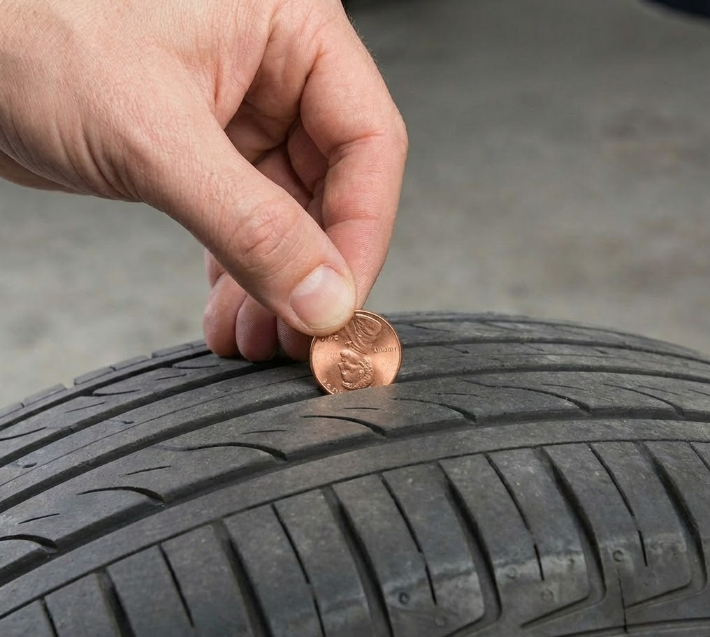 Hand performing penny test on worn tire, Lincoln head showing above tread, tire tread depth below 2/32 inch, unsafe tires for wet weather driving, Athens Ford Service Center technician checking tread, Athens GA fall tire inspection, Ford-approved tire replacement recommendations, preventing hydroplaning on leaf-covered roads, tire safety maintenance before Georgia rainy season, local dealership educating drivers on when to replace tires