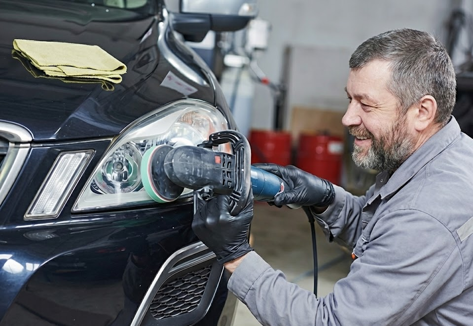 smiling auto technician polishing headlight lens with power buffer, professional headlight restoration in dealership service bay, Athens Ford Service Center Quick Lane in Athens GA, factory trained Ford technician improving nighttime visibility, clear bright headlamp after oxidation removal, Georgia dealer offering headlight and wiper maintenance, affordable alternative to headlight replacement, service visit during fall deer season, local Ford service coupons on visibility inspection, friendly mechanic helping commuter drivers stay safe