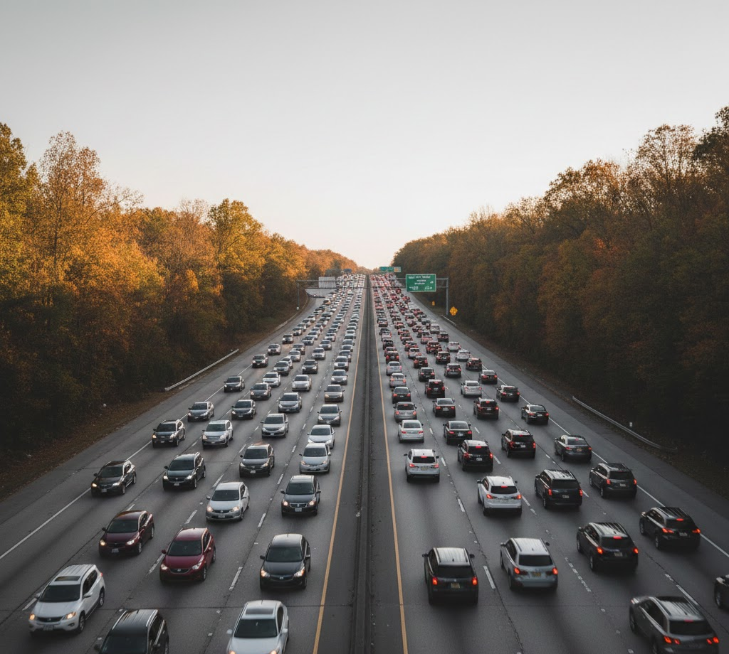 heavy Atlanta Thanksgiving traffic on I-285, crowded Georgia interstate during holiday travel, fall trees along metro Atlanta highway, Stone Mountain families driving to visit relatives, Volkswagen road trip through Georgia, stop and go traffic hurting fuel economy, VW alignment and tire balance for I-285 driving, avoid breakdowns in Thanksgiving gridlock, Atlanta holiday traffic safety tips from Stone Mountain Volkswagen service center