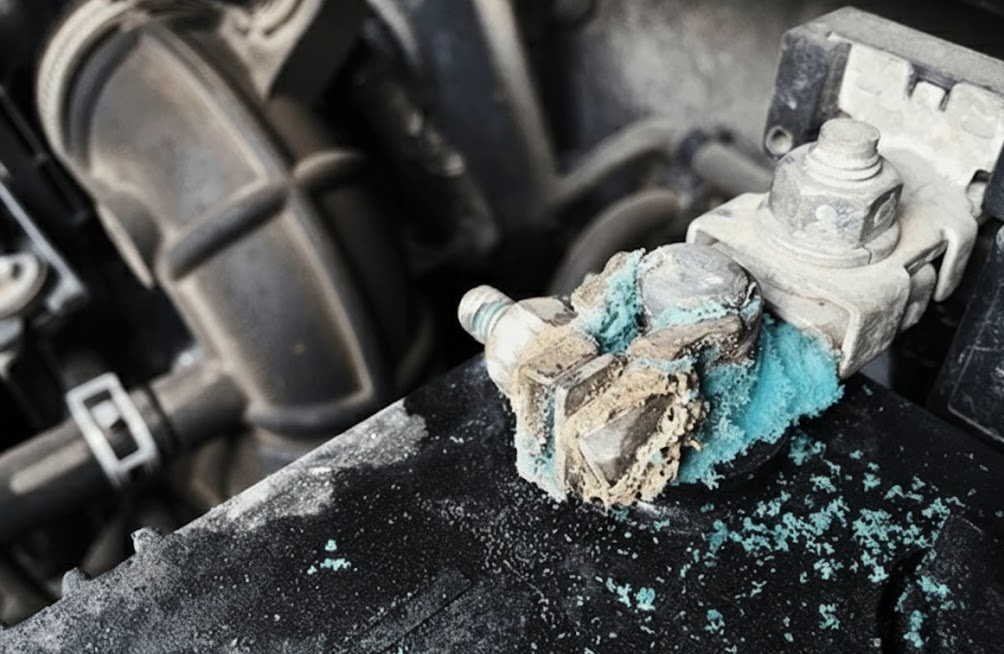 heavily corroded car battery terminal, Audi battery corrosion from Naples Florida heat and humidity, seasonal storage causing electrical problems, weak Audi battery and starting issues, Audi A4 A6 Q7 battery inspection, Audi Naples Service Center battery replacement, protect German luxury vehicle electronics, Southwest Florida extreme temperature battery maintenance, post-storage welcome back Audi service in Naples FL