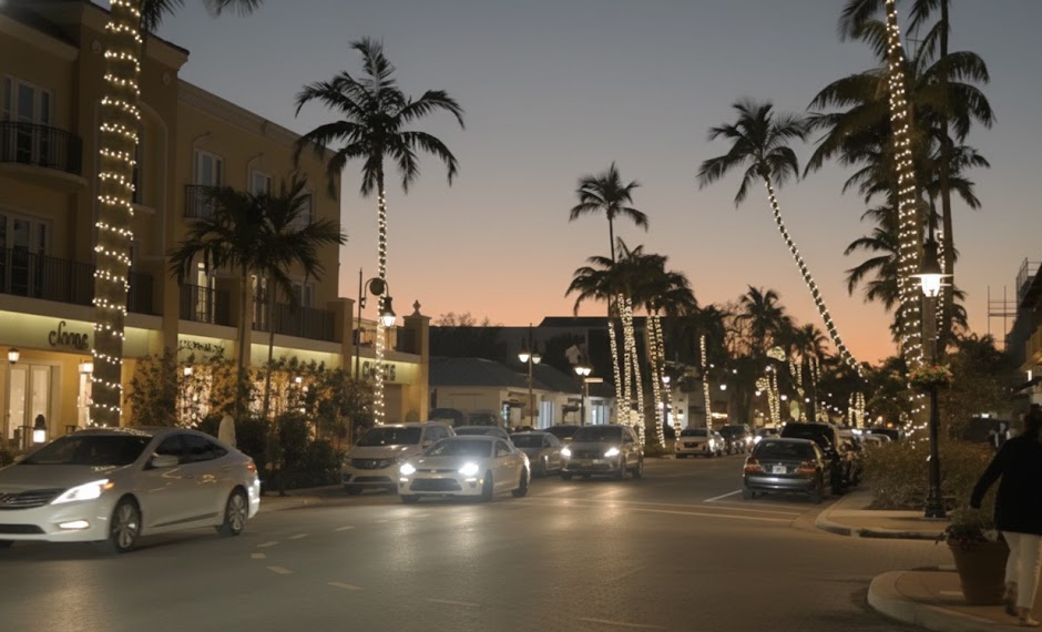 evening traffic in downtown Naples Florida, palm trees wrapped in holiday lights, luxury cars driving along upscale shopping district, snowbird season nightlife on Fifth Avenue South, Audi-style sedans cruising city street, Naples FL winter visitors, stop-and-go braking in town center, coastal resort city ambiance, Audi brake performance in busy downtown Naples, Audi Naples Service Center local expertise