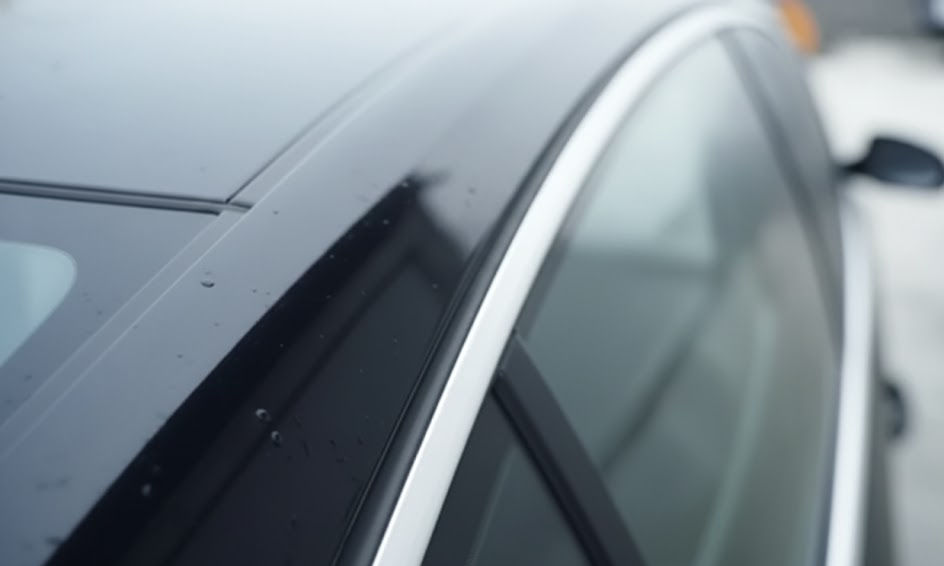 close-up of luxury car roof and window with morning moisture, Naples Florida coastal humidity on vehicle, overnight condensation that causes surface rust on brake rotors, Audi sedan parked outside in humid air, Naples FL sunrise driveway scene, moisture-related morning brake squeal, Audi brake noise from rust film, coastal climate impact on Audi braking system, Audi Naples humidity brake inspection reminder