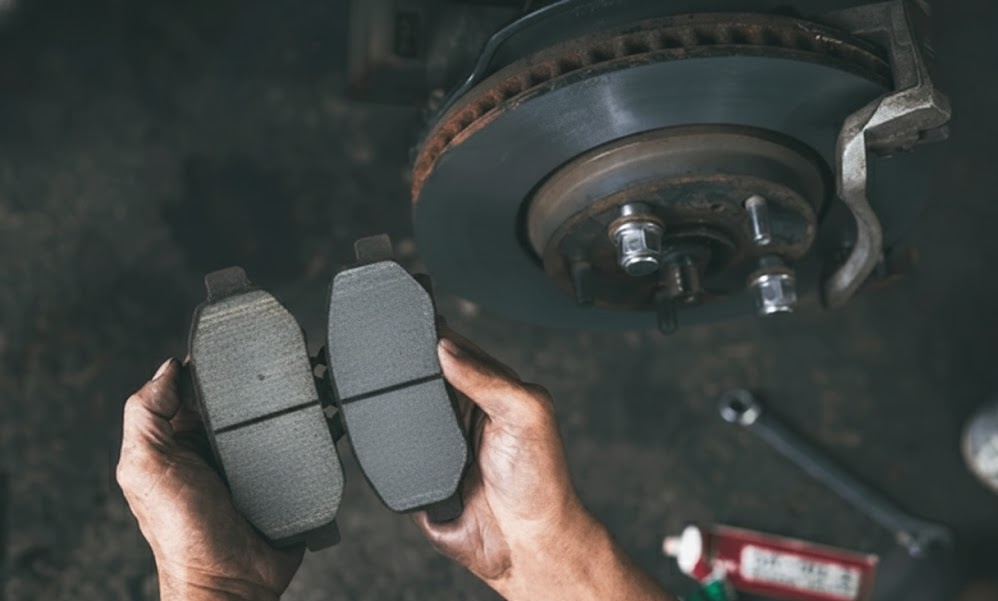 auto technician holding two new brake pads in front of rotor, comparison of ceramic brake pads vs semi-metallic pads, Audi brake service in Naples Florida, close-up of disc brake and caliper, professional brake pad replacement, high-performance Audi braking system maintenance, reducing brake squeal with ceramic pads, Audi brake inspection and repair, genuine Audi parts at Audi Naples Service Center