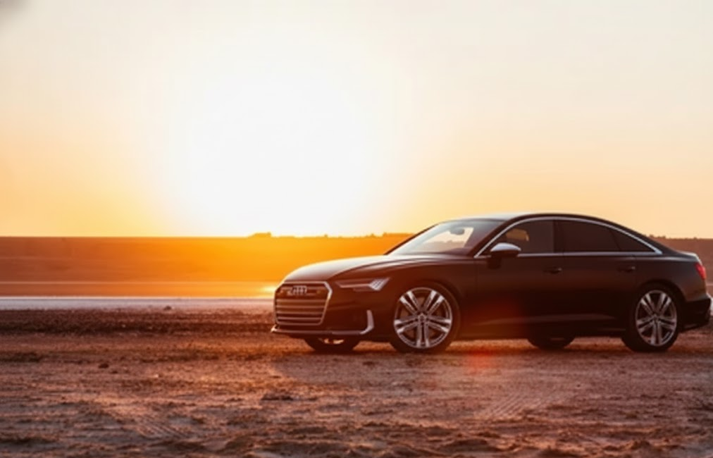 black Audi sedan parked at sunset near beach, Naples Florida seasonal resident enjoying refined Audi drive, luxury German sedan after welcome back inspection, Audi Naples Service Center restored performance, safe reliable Audi for Southwest Florida winter season, Audi A6 or A7 coastal highway cruising, Gulf Coast road trip at golden hour, Audi service and maintenance near Airport Road Naples FL