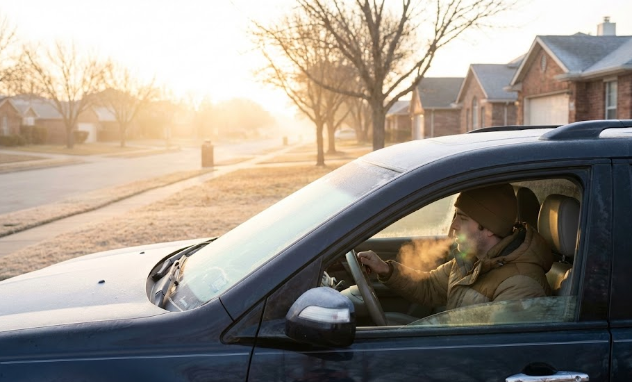 Driver starting SUV on frosty North Texas morning, visible breath in cold air, December temperature swing Fort Worth neighborhood, cold start strain on Hyundai battery, winter vehicle warm up before holiday commute, suburban street at sunrise Fort Worth TX, reminder to check battery health and fluids, North Texas winter driving conditions, preparing Hyundai for cold weather and holiday trips, Alliance Hyundai North Fort Worth pre-travel inspection inspiration
