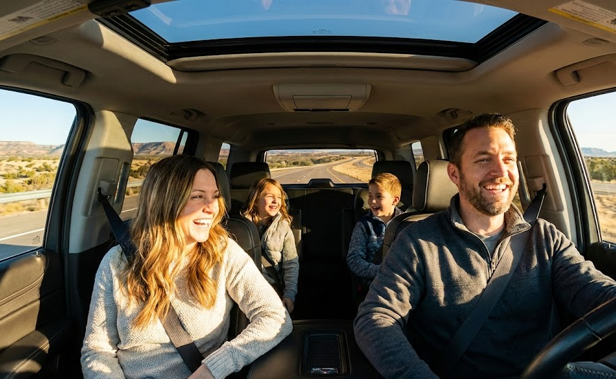 Smiling family riding together in SUV on open highway, parents and kids relaxed and happy on sunshine road trip, safe holiday travel after Hyundai service, interior view with driver focused and confident, North Texas landscape outside windows, comfortable long distance drive from Fort Worth to Dallas or Austin, peace of mind from multi-point inspection at Alliance Hyundai North Fort Worth, reliable Hyundai SUV family vacation, winter break travel with kids in car seats