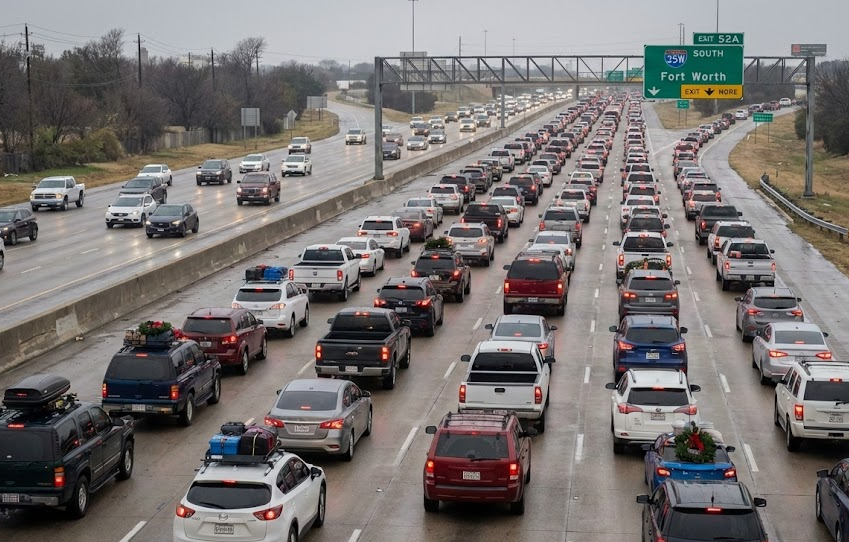 Holiday traffic jam on I-35 near Fort Worth, heavy North Texas highway congestion, winter holiday travel crowding I-20 and I-35, SUVs and trucks with luggage on busy interstate, December driving conditions near Alliance Hyundai North Fort Worth, Dallas Fort Worth holiday road trip traffic, North Texas winter road safety, Fort Worth TX highway backed up with travelers, seasonal travel delays before Christmas, Texas interstate congestion reminding drivers to schedule Hyundai service and inspection
