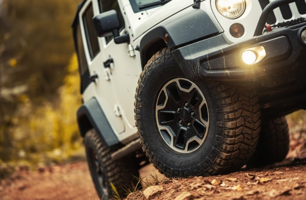 all wheel drive SUV with rugged tires driving on damp fall road, advanced AWD and traction control relying on quality rubber, INFINITI style luxury crossover capability in autumn conditions, confident handling on wet leaves and uneven surfaces, premium tire performance for QX50 QX55 QX60 drivers, Cornelius NC fall adventure driving near Lake Norman, showcasing proper tires for Intelligent All Wheel Drive systems