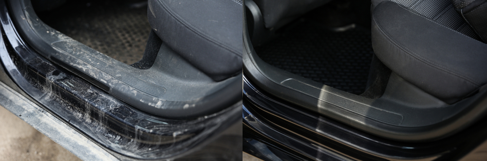 Before and after flood damage vehicle cleanup, Franklin TN car water restoration, car door flood stain removal, Cool Springs Collision auto reconditioning, vehicle detailing after water damage