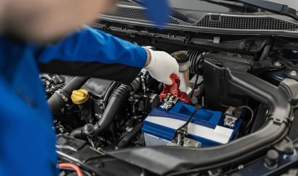 Certified BMW technician in blue uniform carefully replacing car battery, professional connection of battery terminals, expert handling of Intelligent Battery Sensor IBS, dealership level BMW battery service, BMW of Freeport Service Center under hood inspection, Nassau County BMW battery replacement, genuine OEM BMW battery installation, protecting alternator and electrical system with proper registration