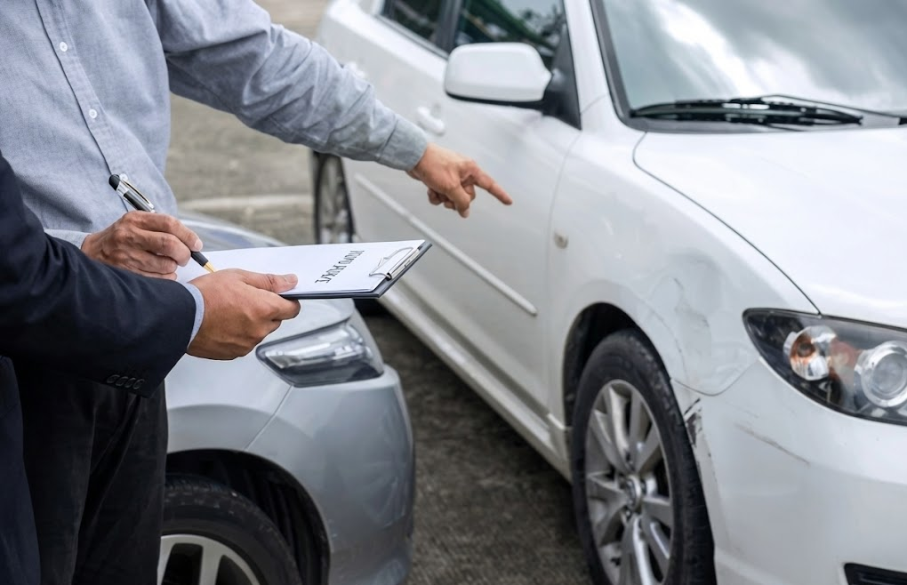insurance adjuster and collision expert inspecting damaged white car, pointing at fender dent and writing estimate on clipboard, BMW deer collision insurance claim help, Long Island accident appraisal, Nassau County comprehensive coverage inspection, BMW of Freeport Collision Center working with insurance companies, documenting deer strike damage for repair, front quarter panel damage review