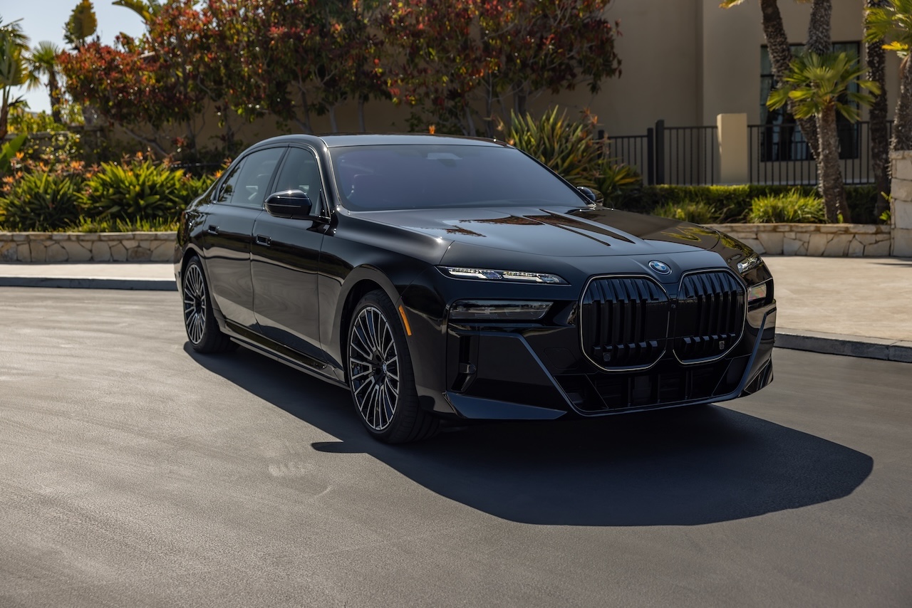 BMW i7 electric sedan front three-quarter view, available at BMW of Freeport serving Long Island, NY