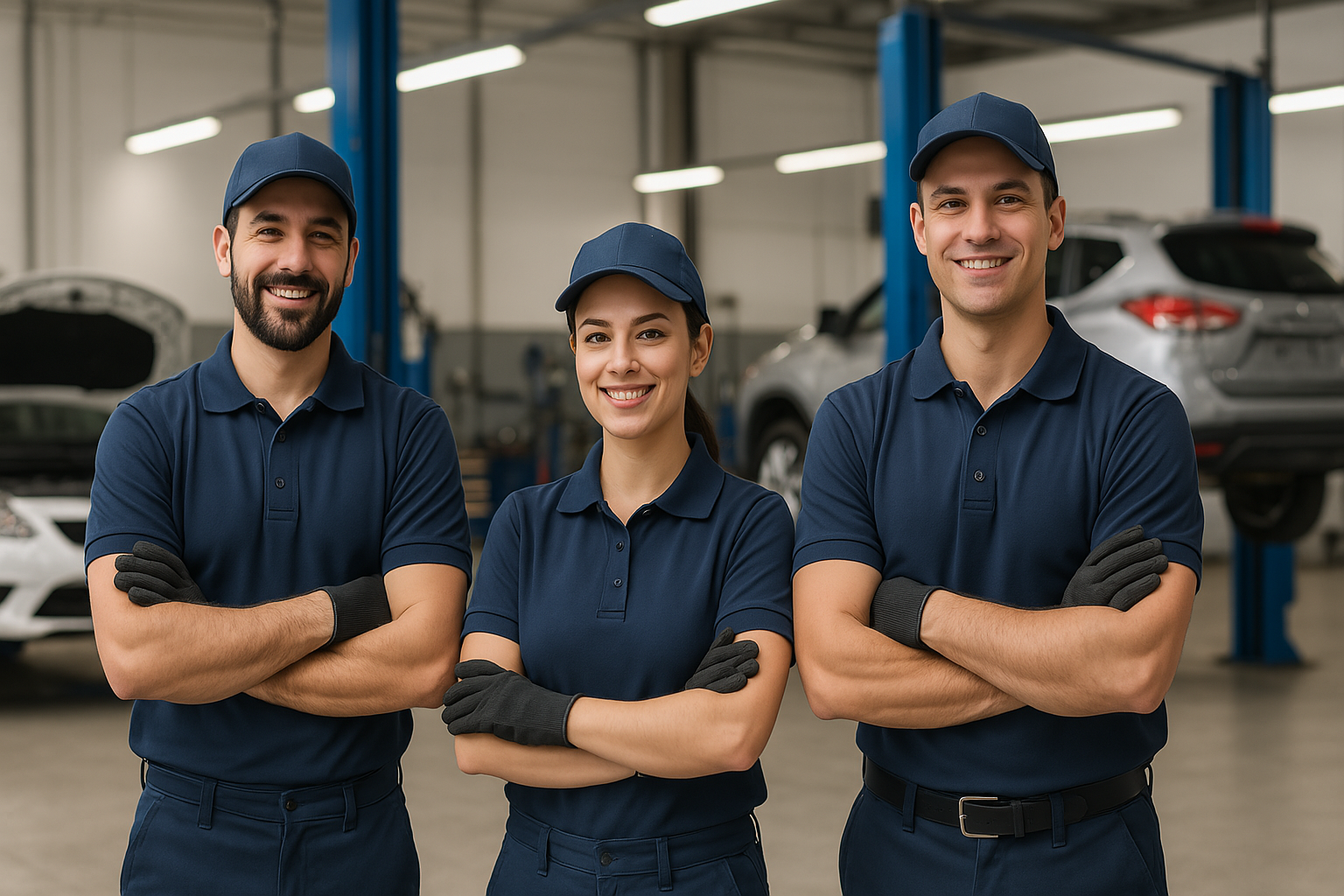 Certified Nissan brake service team in South Colorado Springs with Nissan vehicles and service bays in the background