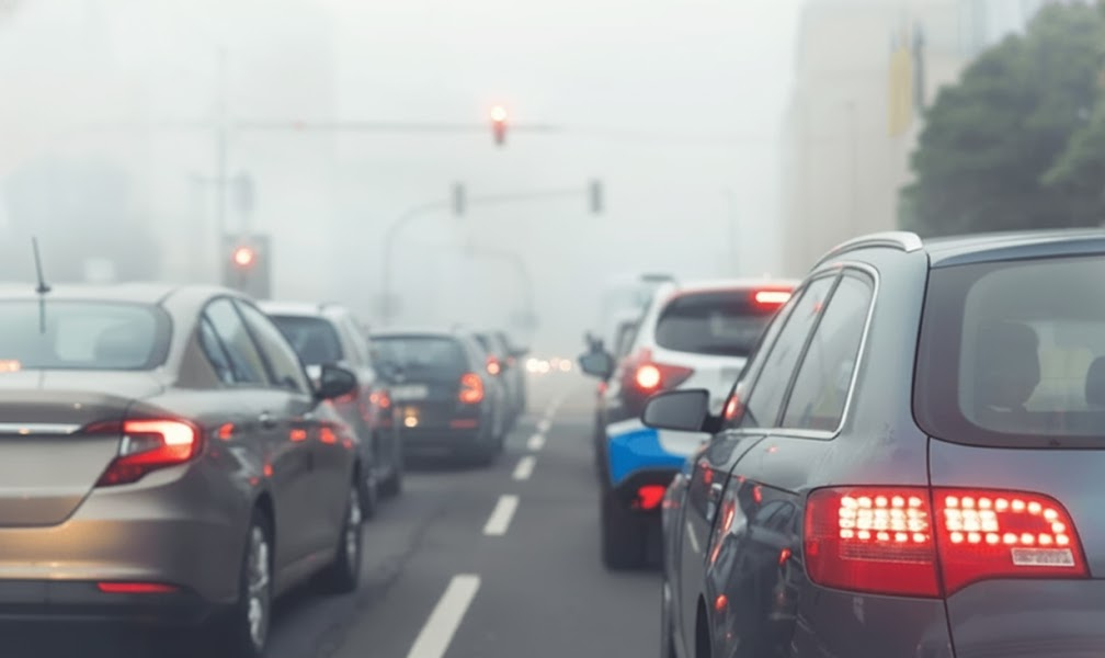 Charlotte NC foggy morning traffic, cold weather commute with car heater blowing cold air, drivers shivering in stop-and-go traffic, Nissan Rogue Altima Pathfinder stuck in line of cars, car vents blowing cold air instead of heat, first frost on Independence Boulevard and I-77, need Nissan heater repair and cooling system inspection, Scott Clark Nissan Service near South Boulevard and Uptown Charlotte, prevent cold air from vents with coolant flush and heater core service