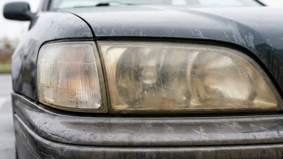 close-up of cloudy yellow oxidized headlight, zombie headlights on older Nissan sedan, UV-damaged polycarbonate lens, reduced night visibility in Knoxville TN, unsafe headlight haze in East Tennessee weather, need professional headlight restoration service, Ted Russell Nissan factory-trained technicians, improve light output for Smoky Mountain fog and nighttime driving