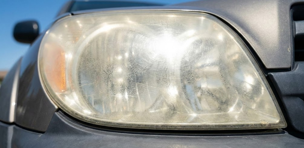Close-up of cloudy yellow oxidized Nissan headlight lens, UV damaged polycarbonate headlights in high-altitude Colorado Springs, faded headlight housing reducing nighttime visibility, worn protective coating from intense Colorado sun, headlight oxidation before professional restoration, safety risk on dark Colorado highways, Nissan headlight restoration service, UV-resistant clear coat, South Colorado Springs Nissan parts and service department