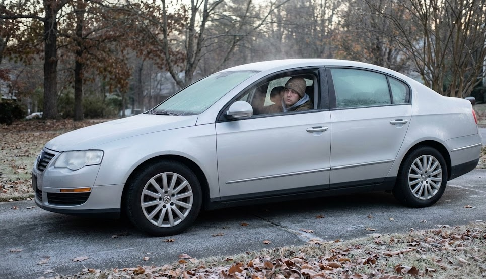 Volkswagen sedan stuck in driveway on cold frosty Atlanta morning, dead car battery on first freeze, VW will not start in Snellville GA, cold weather exposing weak battery, heat kills cold reveals battery problem, Volkswagen winter starting issues, VW driver stranded at home, Stone Mountain Volkswagen battery testing and replacement, Atlanta Georgia fall and winter car care, local VW service center helping prevent no start situations