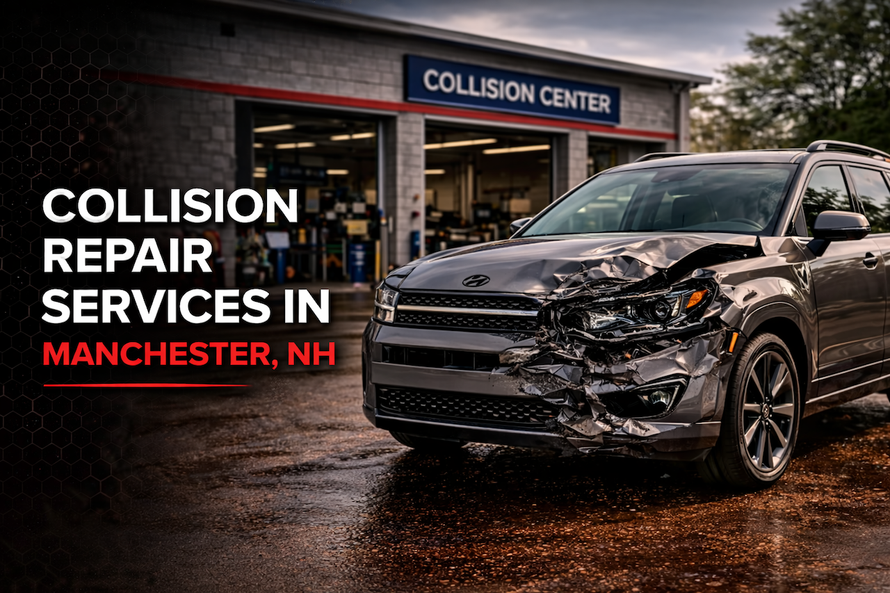 Damaged gray SUV with front-end collision damage parked outside a collision repair center in Manchester, NH with bold text overlay for collision repair