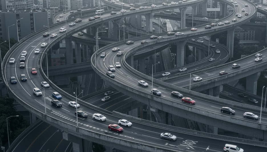 Heavy highway traffic on multi-level interchange, holiday travel congestion similar to I-25 through Colorado Springs, constant stop-and-go driving creating heat in Nissan Xtronic CVT transmission, severe service driving conditions, Nissan Rogue and Altima commuter traffic, Woodmen Nissan CVT fluid change recommendation, transmission protection during busy travel season