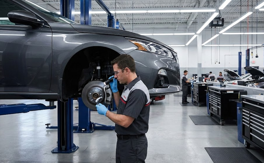 factory-trained Nissan technician inspecting front brake rotor and caliper on sedan lifted in dealership service bay, professional brake inspection at Conyers Nissan Service, genuine Nissan brake pads and rotors, pre-holiday brake check for Rockdale County families, modern service department near Highway 138 and Olde Town Conyers, Nissan Altima brake service, safe stopping power for I-20 and Savannah road trips, complimentary brake inspection before holiday travel