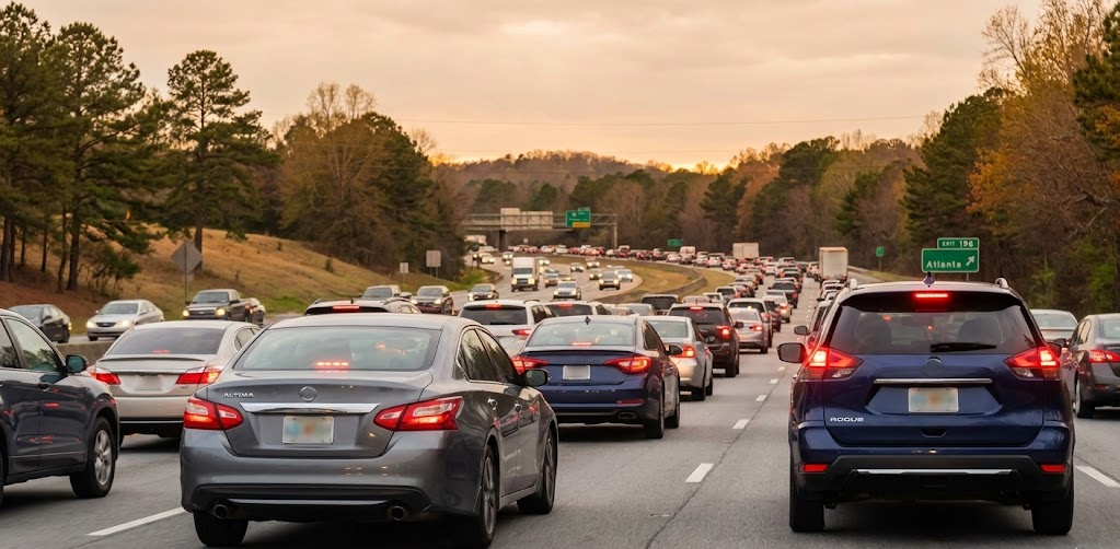 heavy holiday traffic on interstate highway resembling I-20 near Atlanta, Nissan Rogue and Nissan Altima in stop-and-go congestion, Georgia freeway at sunset with brake lights glowing, Rockdale County drivers heading toward Atlanta, holiday road trip conditions that stress brake pads and rotors, need for reliable Nissan braking system, Conyers Nissan pre-trip brake service for I-20 travel, crowded Georgia highway during Thanksgiving and Christmas