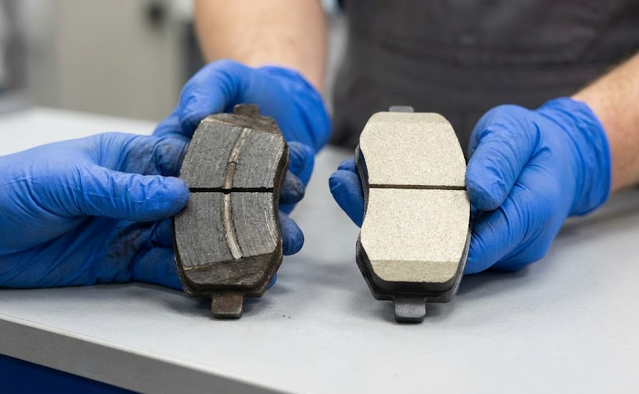 close-up of technician hands in blue gloves holding worn brake pad next to new brake pad, clear comparison of thin cracked pad versus thick new friction material, genuine Nissan brake pads vs worn-out brakes, Conyers Nissan brake service experts, stopping distance improvement before I-20 holiday drive, avoid grinding noise and rotor damage, Rockdale County GA Nissan brake replacement specials, safe braking for family road trips to Atlanta and Savannah