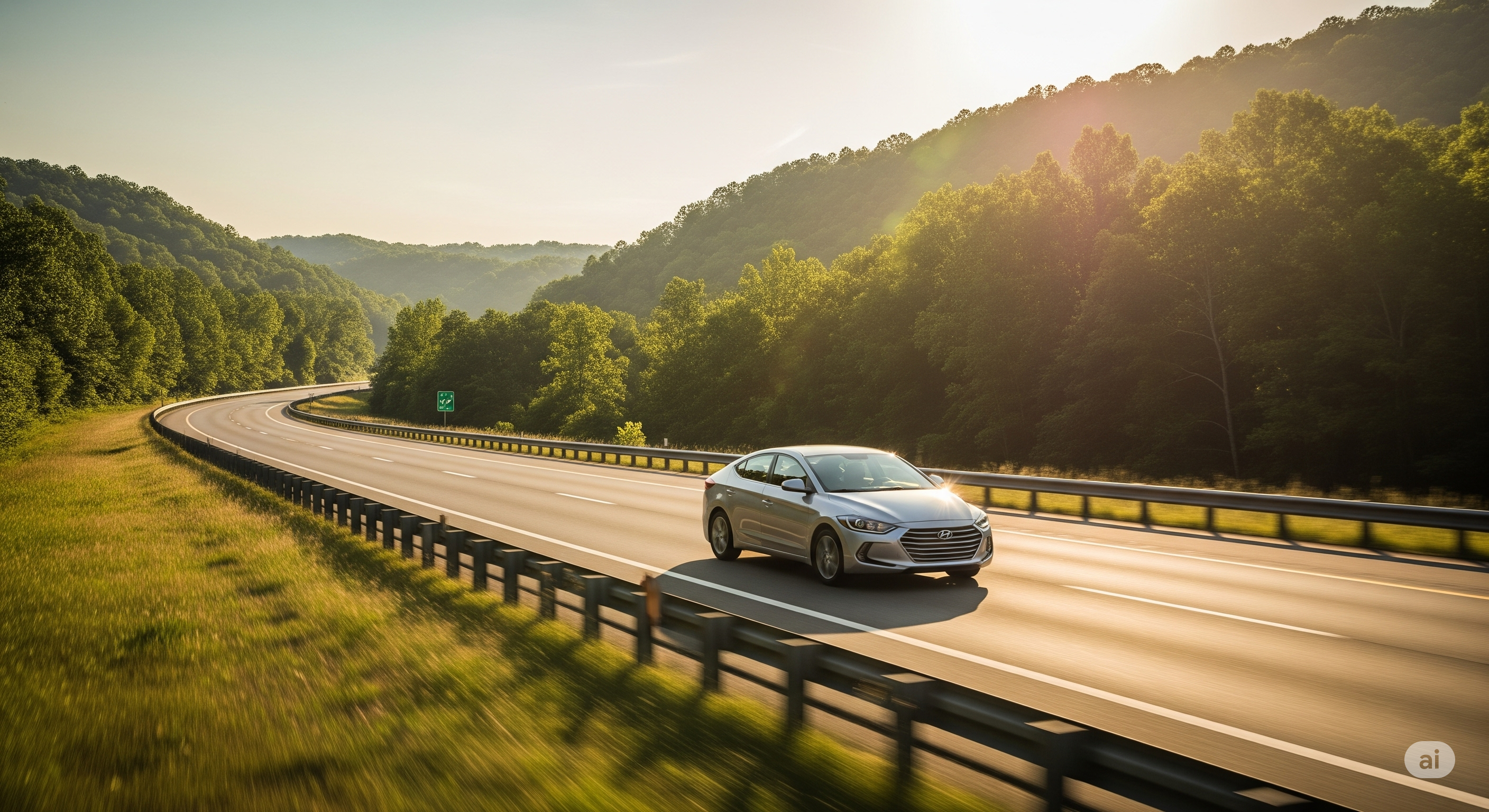 Hyundai sedan I-40 Tennessee highway drive, summer road trip Hyundai Cookeville, scenic Hyundai driving Upper Cumberland, Hyundai A/C check before summer, Cookeville Hyundai service highway travel, Elantra driving rural Tennessee in summer sun
