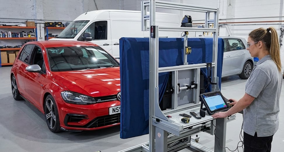 Modern hatchback in collision repair bay undergoing ADAS calibration, female technician using digital equipment and calibration frame, rear radar and ultrasonic sensor alignment after bumper repair, Cool Springs Collision Center advanced driver assistance system service, Franklin TN shop restoring blind spot monitoring and rear cross-traffic alert, manufacturer-specific sensor recalibration near Murfreesboro Road, precision safety technology setup in Williamson County