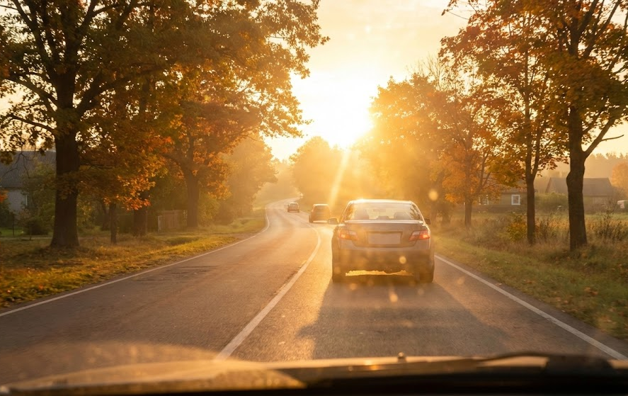 Autumn sun glare on curving two-lane road, Highway 96 style country drive near Franklin TN, dangerous fall equinox sun in driver’s eyes, rear-end collision risk during morning and evening commute, Williamson County Tennessee backroad with golden trees, Cool Springs Collision Center sun glare safety reminder, Franklin TN drivers blinded by low sun, fall driving hazards around Murfreesboro Road, local collision repair shop warning about hidden bumper damage after sun glare fender-benders