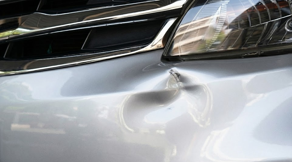 Close-up of small dent in silver car bumper, minor fender-bender damage that looks cosmetic only, hidden Styrofoam energy absorber damage behind bumper cover, low-speed rear-end collision from sun glare traffic, Franklin TN commuter car with subtle bumper crease, Cool Springs Collision Center explaining plastic memory in modern bumpers, Williamson County rear bumper repair, potential ADAS sensor and reinforcement bar damage even when bumper looks fine