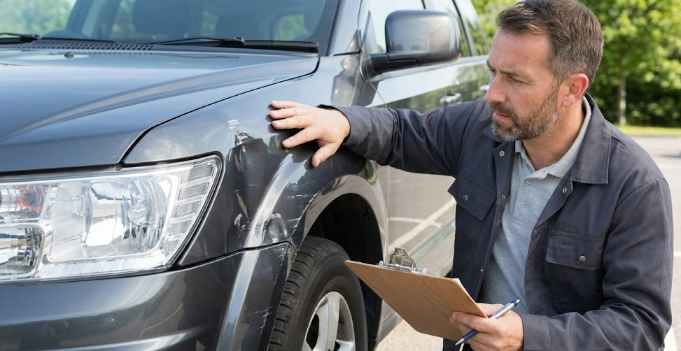 Collision repair technician inspecting scraped fender and bumper area with clipboard, professional I-CAR Gold certified body shop expert checking for hidden damage, Cool Springs Collision Center service near Highway 96 Franklin TN, detailed post-accident vehicle inspection after minor rear-end collision, local Franklin Tennessee auto body repair evaluating structural components and absorber pads, safety-focused bumper repair and insurance claim documentation