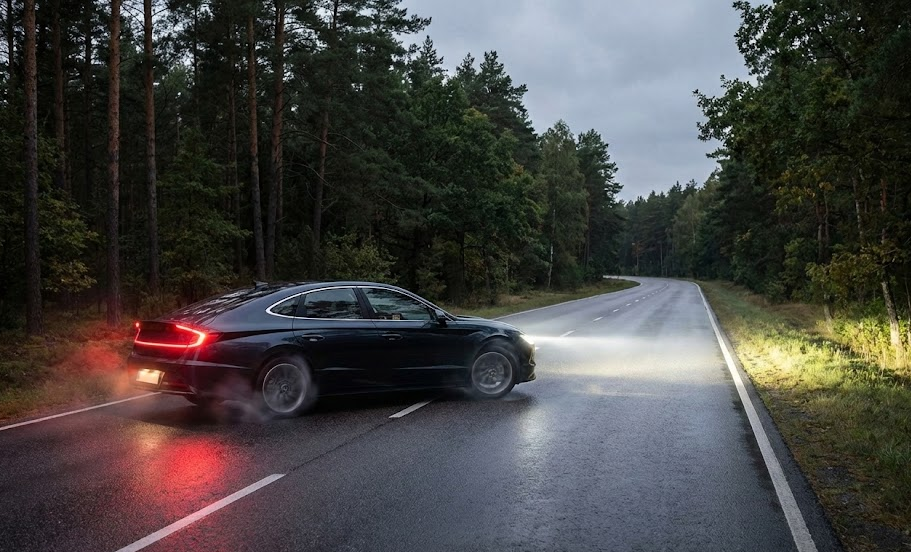 Hyundai sedan panic braking on wet North Carolina road, South Charlotte Hyundai Service deer avoidance, emergency stop on wooded highway near Charlotte NC, Providence Road I-485 deer season safety, night driving visibility, headlight beam pattern on asphalt, traction control and wheel alignment performance, Hyundai safety systems helping Pineville drivers avoid deer collisions, fall and winter driving conditions Mecklenburg County, automotive safety blog image