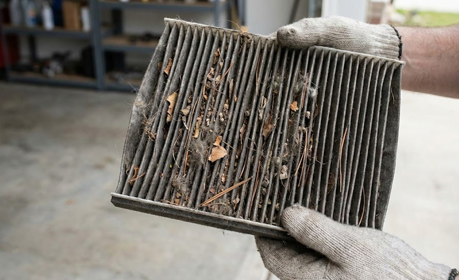 Mechanic holding extremely dirty clogged cabin air filter filled with leaves dust and debris, proof of neglected Hyundai cabin filter in Fort Worth TX, blocked airflow and musty odors, ragweed pollen trapped in filter, need for genuine Hyundai replacement parts, Alliance Hyundai Service cabin air filter inspection, improve AC performance and in-car air quality for North Texas drivers
