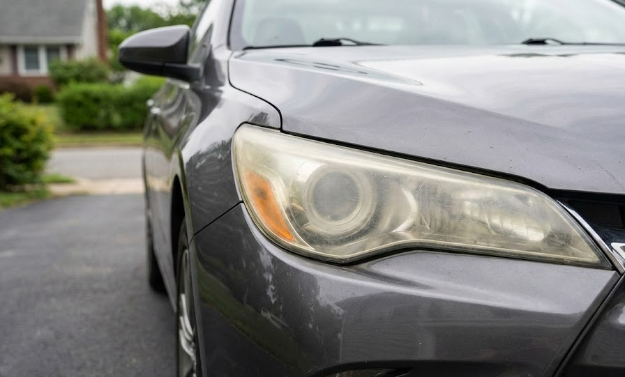 cloudy oxidized car headlight close up, dim headlights problem East Charlotte Nissan Service, headlight restoration Charlotte NC, hazy headlight lens on older Nissan Altima Sentra, poor night visibility Matthews NC and Indian Trail NC, worn halogen headlamp before professional lens restoration, Mecklenburg County deer season driving safety issue, East Independence Boulevard commuter car with yellowed headlights