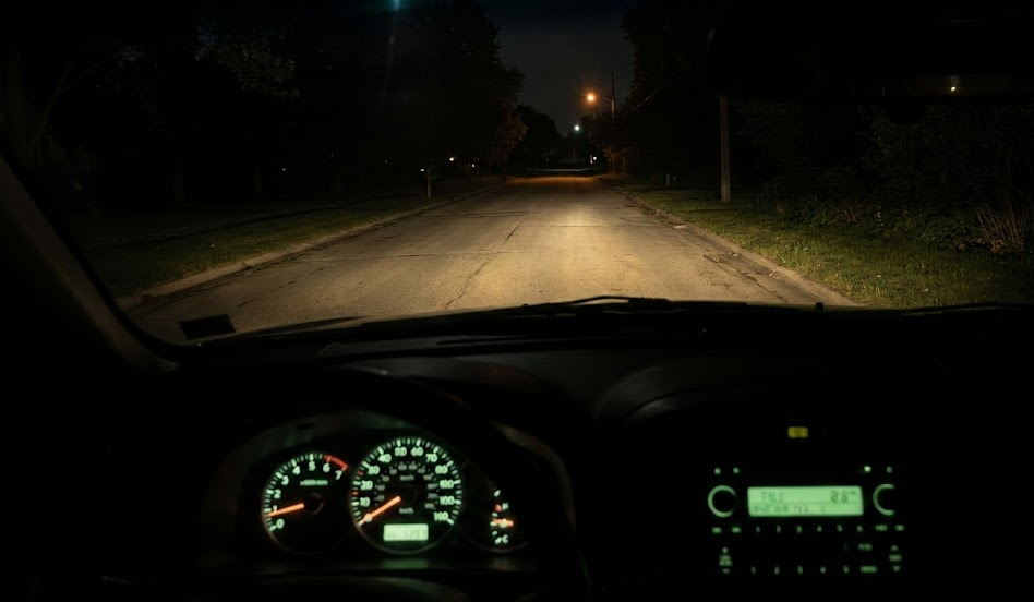 driver point of view of dark neighborhood street with weak headlights, dim beam pattern on Charlotte NC road, risky night driving during Mecklenburg County deer season, limited visibility due to faded headlight lenses, unsafe commute after daylight savings time, Nissan sedan dashboard at night, need for professional headlight inspection and restoration at East Charlotte Nissan Service
