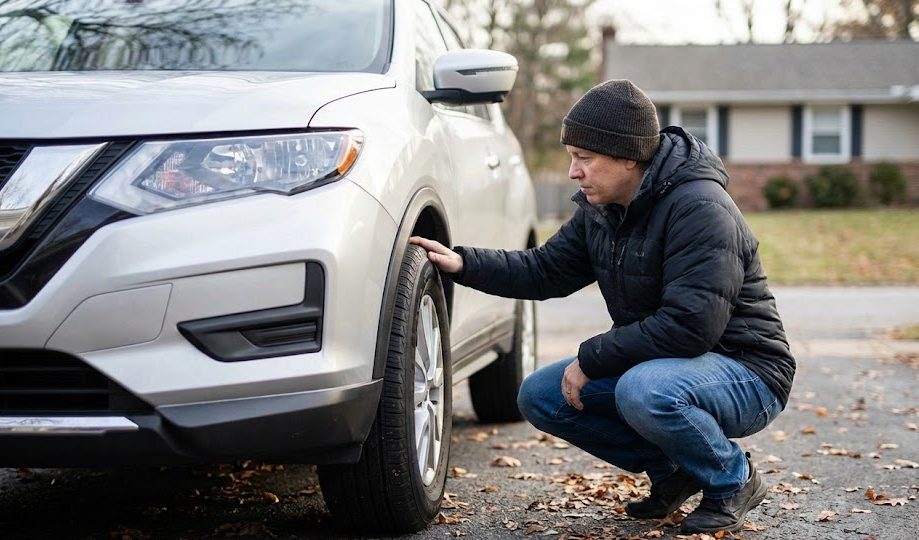 Nissan SUV parked in suburban driveway, Charlotte driver crouching to visually inspect tire, checking for flat tire on cold morning, East Charlotte Nissan Service tire inspection, how to tell if tire is punctured or just cold, Nissan Rogue tire sidewall check, driveway tire safety check in Charlotte NC neighborhood, autumn leaves on ground around Nissan, TPMS light diagnosis at home, Charlotte driver following Nissan service tips for tire pressure