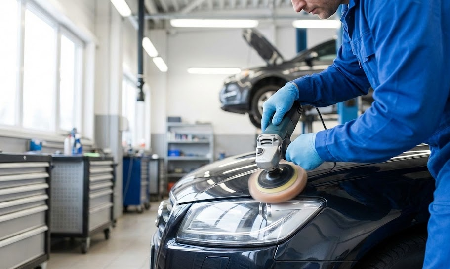 factory trained technician polishing car headlight with buffer, professional headlight restoration service East Charlotte Nissan, service center in Charlotte NC, removing oxidation and haze from plastic headlight lens, improving night visibility for Nissan Altima Sentra Rogue drivers, genuine Nissan parts and service near Matthews and Indian Trail NC, multi step sanding and sealing process for brighter headlights
