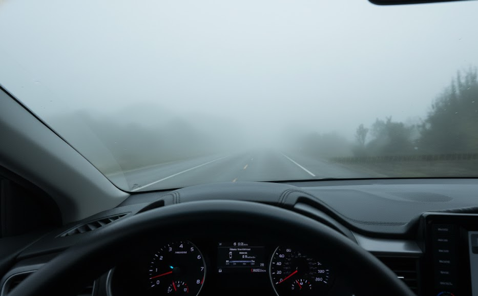 view through windshield on foggy highway, low visibility fall morning, driver perspective struggling to see lane markings, Charlotte NC I-77 commute in dense fog, Nissan SUV dashboard, poor visibility safety risk, Scott Clark Nissan fall driving tips, need for clear headlights and wiper blades, Piedmont region foggy road conditions, Charlotte fall visibility problems