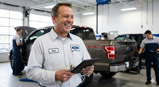 Ford technician smiling in service center, Ford Lincoln of Franklin Service department, factory-trained Ford mechanic Franklin TN, Ford F-150 maintenance in service bay, local Ford dealer near Nashville TN, brake inspection and headlight alignment service, Co-Pilot360 calibration experts, routine Ford maintenance Williamson County, schedule Ford service appointment online, Franklin TN Ford service specials, trusted Ford repair shop Mack Hatcher Parkway