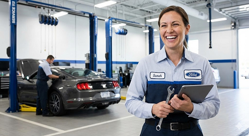 female Ford service technician smiling in service bay, Ford of Murfreesboro Service Center staff, factory trained Ford mechanics Murfreesboro TN, Mustang on lift in background, professional Ford maintenance team, friendly service advisors near Middle Tennessee State University, trusted Ford oil change and brake service, dealership service department near Nashville, genuine Motorcraft parts installation, best Ford service experience in Murfreesboro Tennessee